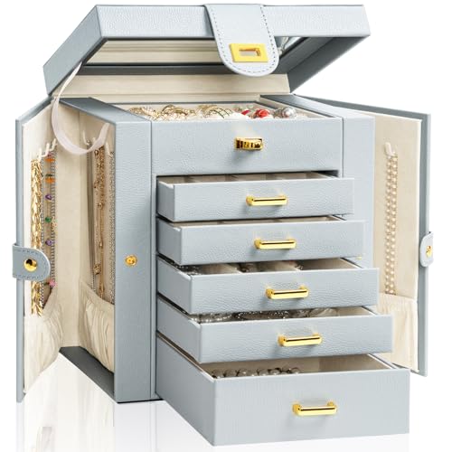 AKOZLIN 6-Tier Jewelry Box Organizer Functional 5 Drawers Leather Jewelry Storage Case for Women Girls Ring Necklace Earring Bracelet Holder Organizer with Mirror Grey Regular - color: Grey, size: Regular