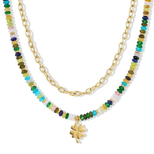 KissYan Beaded Necklaces for Women, Layered Pendant Choker for Summer | Stackable Colorful Natural Gemstone Handmade Beach Charm Chain Valentine's Jewelry Gifts For Girlfriend Wife Lover - style: Clover