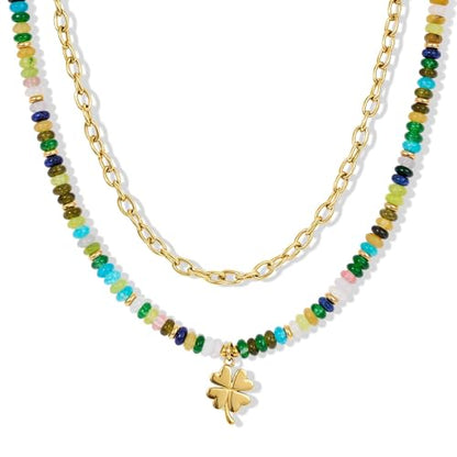 KissYan Beaded Necklaces for Women, Layered Pendant Choker for Summer | Stackable Colorful Natural Gemstone Handmade Beach Charm Chain Valentine's Jewelry Gifts For Girlfriend Wife Lover - style: Clover