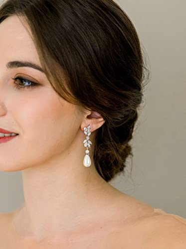 SWEETV Cubic Zirconia Pearl Drop Wedding Earrings for Brides, Ivory Bridal Pearl Earrings for Bridesmaid Jewelry Gift - color: 06.Style 6