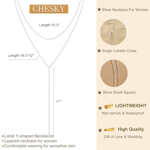 CHESKY Lariat Necklace for Women，14k Gold/Sliver Plated Layered Necklace | Gold/Sliver Long Necklace，Dainty Cross Pendant, Wedding Y-Shaped Drop Chain, Waterproof Jewelry Gift for Women Everyday Wear - style: SquareBead