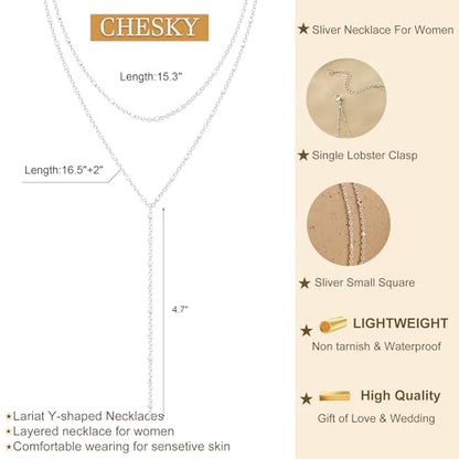 CHESKY Lariat Necklace for Women，14k Gold/Sliver Plated Layered Necklace | Gold/Sliver Long Necklace，Dainty Cross Pendant, Wedding Y-Shaped Drop Chain, Waterproof Jewelry Gift for Women Everyday Wear - style: SquareBead