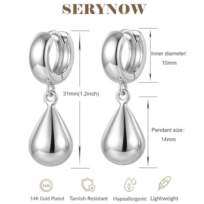 14K Gold Plated Chunky Huggie Hoop Earrings, Plump Teardrop Dangle Drop Earrings Elegant Statement Jewelry for Women - color: teardrop-short/silver