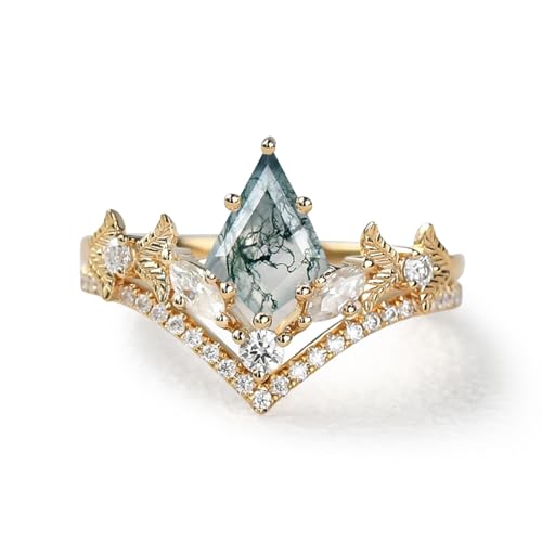 Natural Moss Agate Leafy Vintage Bridal Sets Wedding Rings for Women, 10K 14K 18K Solid Gold Kite-Cut Green Moss Agate and Moissanite Engagement Ring for Women Mother Her Jewelry Gift - color: 07-style7
