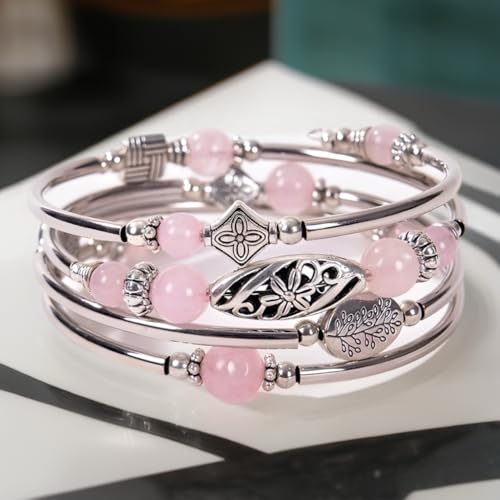Boho Wrap Beaded Bracelet for Women – Handmade Natural Stone Jewelry – Stainless Steel Adjustable Ethnic Chic Gift - color: Pink Crystal