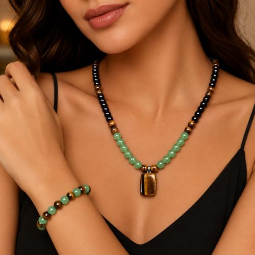 Money Bracelets Necklace Jewelry Set for Women Men Jade Crystal Tiger Eye Obsidian Beaded Necklace Feng Shui Good Luck Money Bracelet Wealth Attraction Accessories Outfits Protection Jewelry Gifts - color: A2