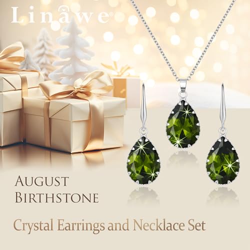 Linawe Crystal Jewelry Sets for Women, Imitation Diamond Pendant Necklace, Rhinestone Drop Dangle Earrings, Birthstone Cubic Zirconia Matching Wedding Jewelry, 14K Gold/Rose Gold/Silver Tones - color: Silver,Peridot,August