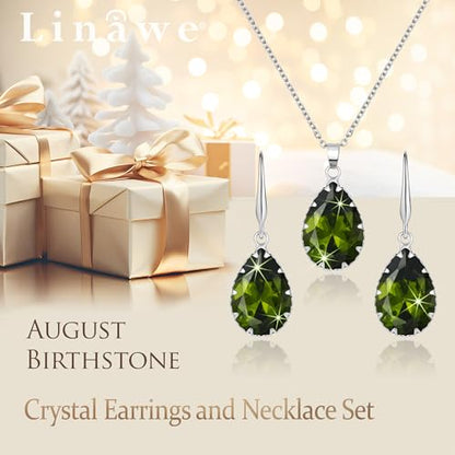 Linawe Crystal Jewelry Sets for Women, Imitation Diamond Pendant Necklace, Rhinestone Drop Dangle Earrings, Birthstone Cubic Zirconia Matching Wedding Jewelry, 14K Gold/Rose Gold/Silver Tones - color: Silver,Peridot,August