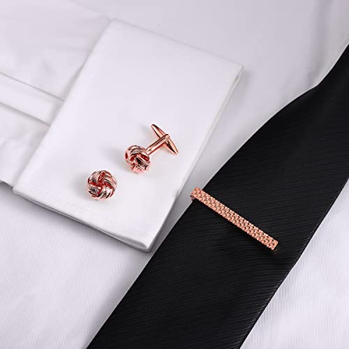 HAWSON Metal Cufflinks and Tie Clip Set for Men Novelty Cuff Links and Tie Bar Gifts for Wedding Level,Football, Musical Symbols Designs - color: Rose Gold Knot