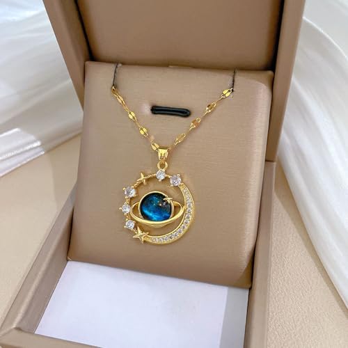 Gold Moon Star Pendant Necklace, Celestial Design with Gemstone, Great Jewelry for Women Daily Wear