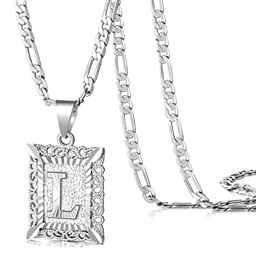 KissYan Initial Necklaces for Women Men | 14K Gold Filled/White Gold Plated, Square Letter Capital Monogram Pendant with 20''+2'' Figaro Chain, Alphabets from A-Z - color: 2-Silver, style: L