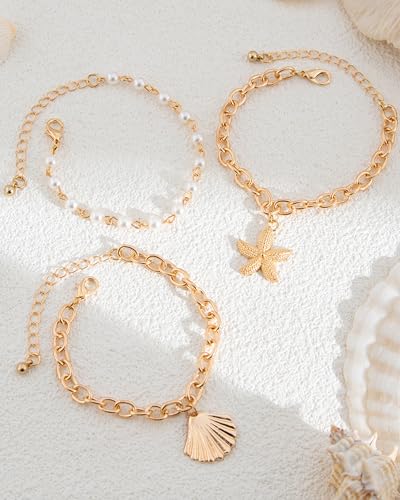 Shell Bracelets for Women Layered Seashell Starfish Bracelets Stackable Stretch Boho Beaded Bracelet Summer Beach Surfer Bracelet Seaside Beach Dress Outfits Accessories - color: B4:gold shell bracelets