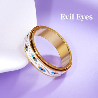 Evil Eye Fidget Ring for Women - Anxiety Relief Spinner Jewelry,18K Gold Plated Stainless Steel Turkish Ojo Turco Protection Rings Gift for Adults - color: Gold