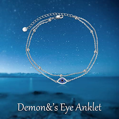 POPLYKE 925 Sterling Silver Double Layered Chain Evil Eye Daisy Sunflower Butterfly Anklets for Women Holiday Beach Crystal Ankle Bracelet Dainty Evil Eye Jewelry - style: Evil Eye Anklet