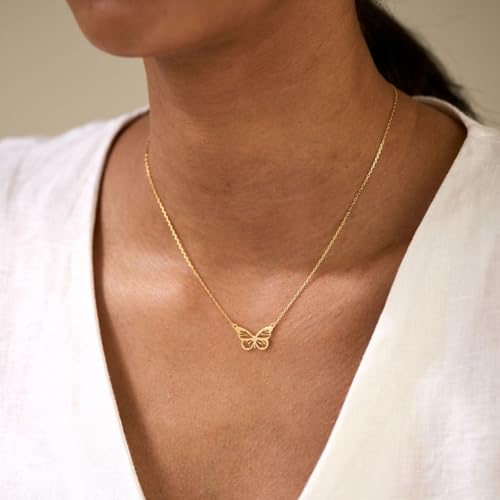 HANLI 14K Gold Plated Necklaces for Women - Dainty Butterfly, Star of David, Moon and Star, Sun, Lotus, Infinity, Hummingbird, Bee,Boots,Chill,Sunflower Pendant Designs - Elegant Jewelry for Women - color: Butterfly-B