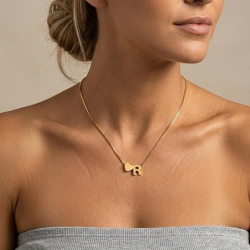18K Real Gold Plated Heart Initial Necklace for Women-Personalized A-Z Letter Pendant on Durable Stainless Steel Box Chain (16+2.5 inch Adjustable) Hypoallergenic Everyday Jewelry Gift Boxed for Mom Wife - style: Gold:R