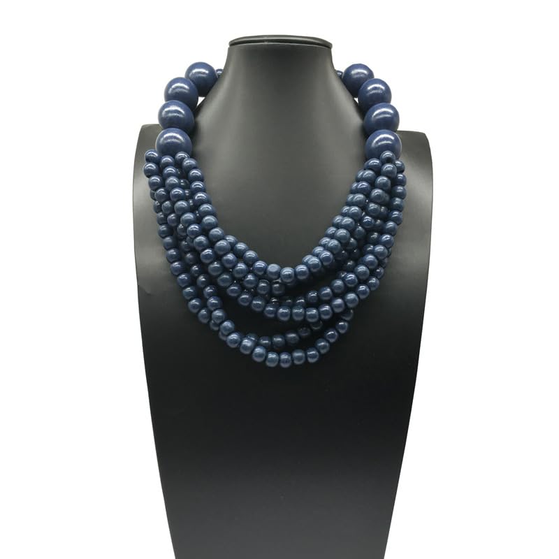 COLORFUL BLING Boho African Wooden Beaded Strands Necklace Ethnic Layered Chunky Collar Choker Wood Necklace for Women Hip Hop Statement Jewelry - color: deep blue