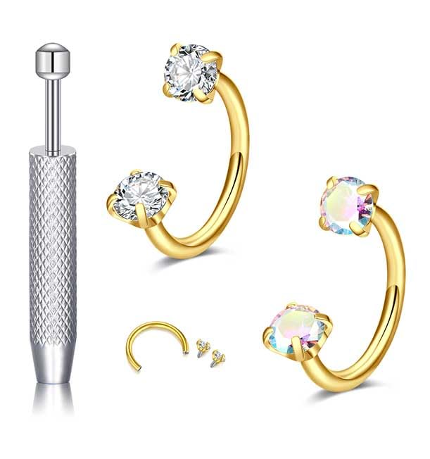 18G 20G Horseshoe Nose Rings Studs,Surgical Steel Nose Ring Pink Cubic Zirconia Nose Piercing,Internally Threaded Nose Rings For Women,Pink and Silver Zirconia - color: 20G-Gold-Rianbow round CZ