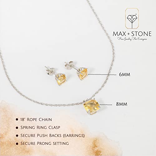 MAX + STONE 14k Gold Plated or Sterling Silver Cushion Cut Gemstone Stud Earrings and Pendant Necklace for Women with 6mm and 8mm Birthstones 18 Inch Chain and Push Backs Jewelry Set - style: Sterling Silver|Genuine Citrine