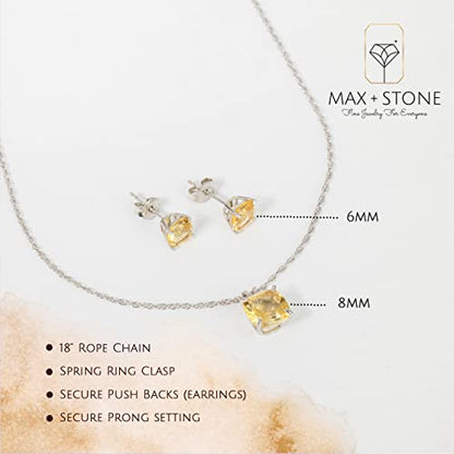 MAX + STONE 14k Gold Plated or Sterling Silver Cushion Cut Gemstone Stud Earrings and Pendant Necklace for Women with 6mm and 8mm Birthstones 18 Inch Chain and Push Backs Jewelry Set - style: Sterling Silver|Genuine Citrine