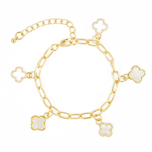 Gold Clover Charm Link Bracelet for Women Elegant Mother of Pearl Lucky Four Leaf Clover Bracelet Cute Colorful Rhinestone Clover Pendant Bracelet Adjustable Link Chain Trendy Party Jewelry Gift - style: Gold Clover