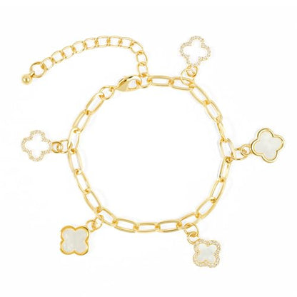 Gold Clover Charm Link Bracelet for Women Elegant Mother of Pearl Lucky Four Leaf Clover Bracelet Cute Colorful Rhinestone Clover Pendant Bracelet Adjustable Link Chain Trendy Party Jewelry Gift - style: Gold Clover