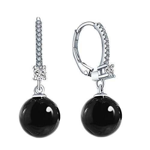 JO WISDOM 925 Sterling Silver Freshwater Pearl Hoop Earrings with Dangle Real Pearl,Simulated Pearls - color: C-10mm black pearl,round shape