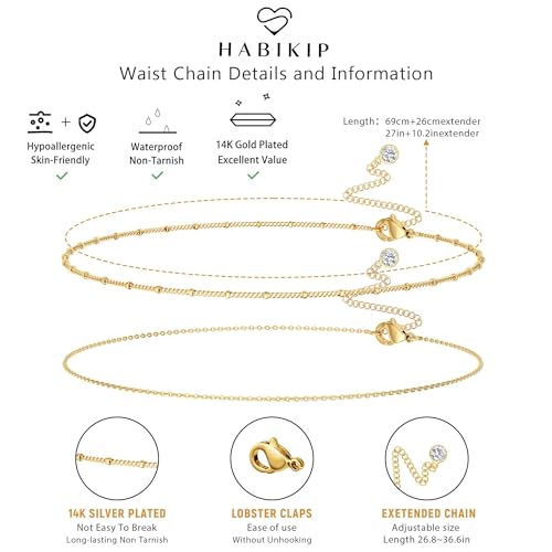 14K Gold Plated Layered Body Waist Chain for Women | Layered Waist Chain with CZ Heart and Pearl Pendant, Belly Chain Belt Jewelry for Women, Bikini Summer Beach Wear - style: Cuban Waist Beads & Chain