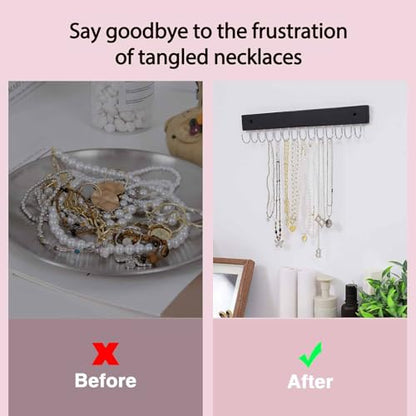 SCUNDA Wall Mounted Necklace Holder, Classic Style Necklace Holder, Tangle-Free Wall Jewelry Organizer with 28 Hooks(2 Packs,Black) - color: Black