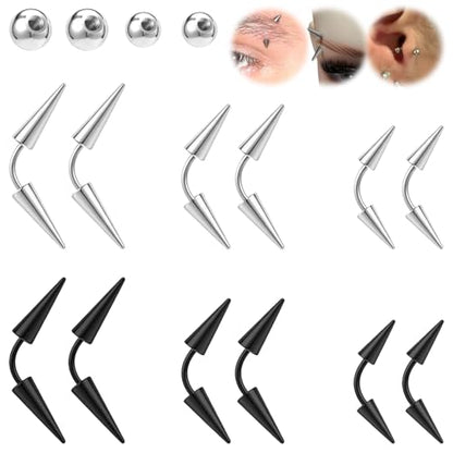 16G Spike Eyebrow Piercing Jewelry Curved Barbell Eyebrow Tragus Lip Rings | Black Spike Earrings with Balls Rook Nose Bridge Ring for Women Men - color: Bar Length:6mm
