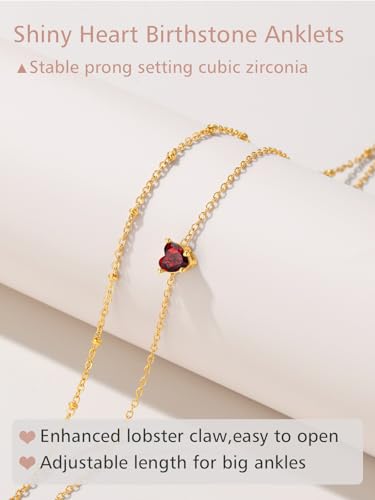 FindChic Bling Heart Birthstone Anklets Layered Beaded Ankle Bracelets for Women Gold/Black/Silver 12 Month Gem Colors Foot Chain Summer Jewelry for Girls, with Gift Box - color: Gold, style: 01. Jan.-Created Garnet (Prong Setting)