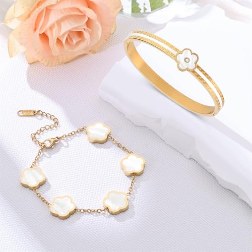 2pcs Stackable Bangle Bracelets 18K Gold Plated Lucky Clover Bracelet Stainless Steel Clover Jewelry Set Fashion Birthday Gifts for Women - color: Gold White Stackable Bracelets
