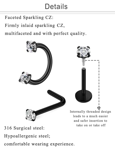 Horseshoe Nose Ring 18G Internally Threaded Nose Rings Hoops Surgical Steel Half Double Cubic Zirconia Nostril Studs Lip Eyebrow Helix Daith Ear Piercing Jewelry For Women - color: black