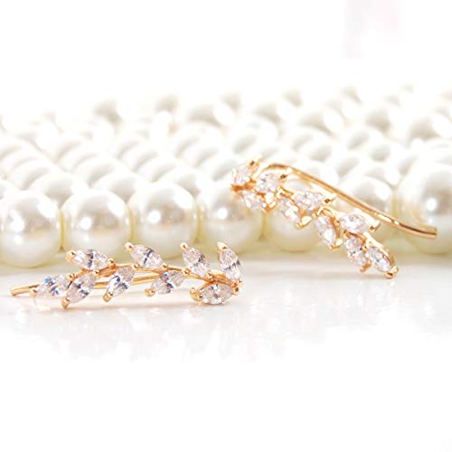 14K Gold or 925 Silver Plated Ear Crawler Earrings - Crystal Leaf Climbers | Hypoallergenic and Safe for Sensitive Ears - color: 14K Gold Plated
