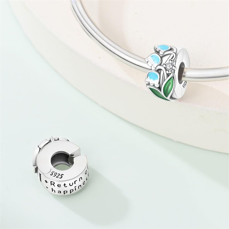925 Sterling Silver Openable Clip Spacer Bead Fits Pandora Bracelet | Hypoallergenic Clip Stopper Charm, Star Clover Butterfly Floral Mom Heart Paved Zircon Gift for DIY Charm Bracelet Jewelry - color: Lily of The Valley