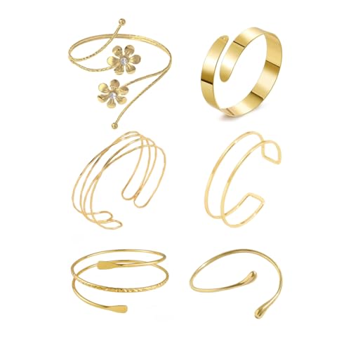 ItsStarred Minimalist Arm Cuff Gold Plated, Upper Arm Cuff Bangle Bracelet for Women, Adjustable Arm band Set 6 Pieces - color: E: Gold Plated Coil