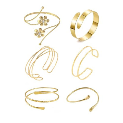 ItsStarred Minimalist Arm Cuff Gold Plated, Upper Arm Cuff Bangle Bracelet for Women, Adjustable Arm band Set 6 Pieces - color: E: Gold Plated Coil