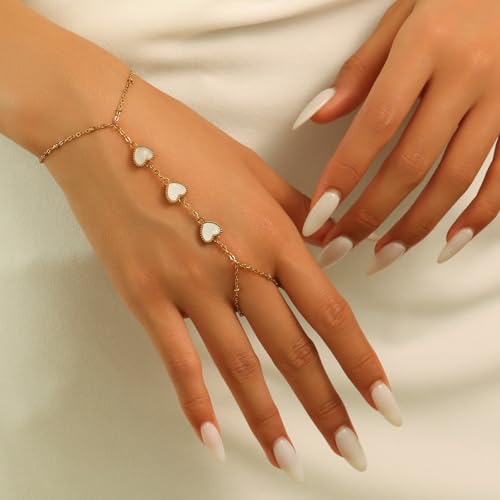 Hand Chain Bracelets for Women 14K Gold Plated Dainty Link Bracelet Bracelets Trendy Ring Bracelet Birthday Jewelry Gifts for Women - style: White Heart