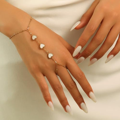 Hand Chain Bracelets for Women 14K Gold Plated Dainty Link Bracelet Bracelets Trendy Ring Bracelet Birthday Jewelry Gifts for Women - style: White Heart