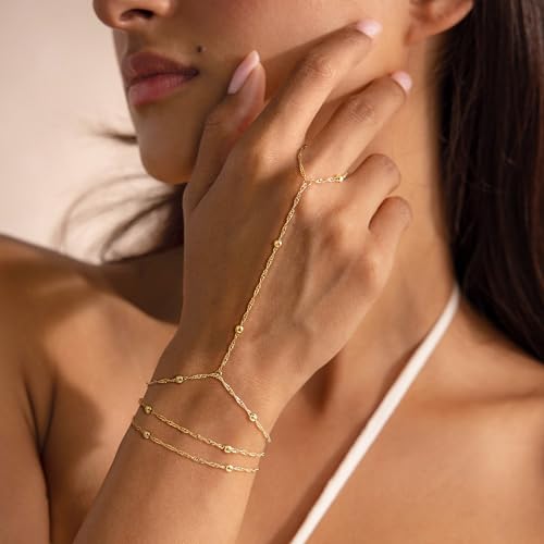 Mothers Day Gifts 14K Gold Plated Hand Chain Bracelet for Women, Stackable Gold/Silver Finger Ring Bracelet Hand Chain Dainty Non Tarnish Waterproof CZ Satellite Bead Link Adjustable Jewelry - color: Gold-Style 5