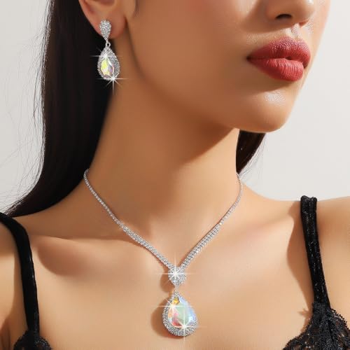 Fashion Red Black Colorful Bridal Teardrop Layered Crystal Necklace Earrings Set Sparkly Rhinestone Crystal Elegant Bridal Teardrop Shape Choker Earrings For Prom Costume Set Christmas Halloween Full Rhinestone Choker Necklace Earrings for Women - color: