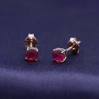 Birthstone Stud Earrings for Women 4MM Round Simulated Gemstone Studs | Push Back Earrings In 14K Gold Over Sterling Silver - color: July - Ruby