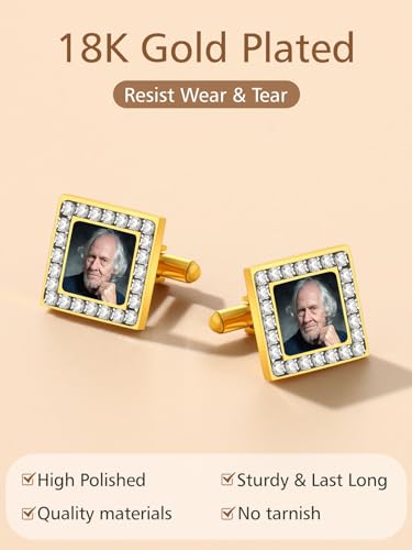 FindChic Stainless Steel Round Cufflinks with Custom Text/Picture/Monogram Letters 18K Gold Plated/Black Color for Men Groom Suits Shirts, with Gift Box - style: 02. CZ custom photo-square (gold plated)