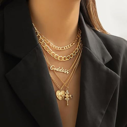 GYRMMUE 5 Pcs Chunky Gold Layered Necklaces Set for Women Heart Locket Coin Cross Pendant Necklaces Punk Hip Hop Charm Necklace Goddess Style Stacked Chain Necklace Christian Faith Jewelry - color: Gold