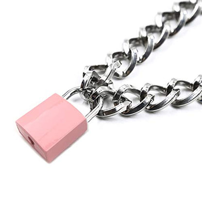 Succuba Padlock Necklace Metal Chain Collar Choker Heart Lock Necklace with Key and Box for Women, Men and Pet (16 to 22 Inches) - color: A
