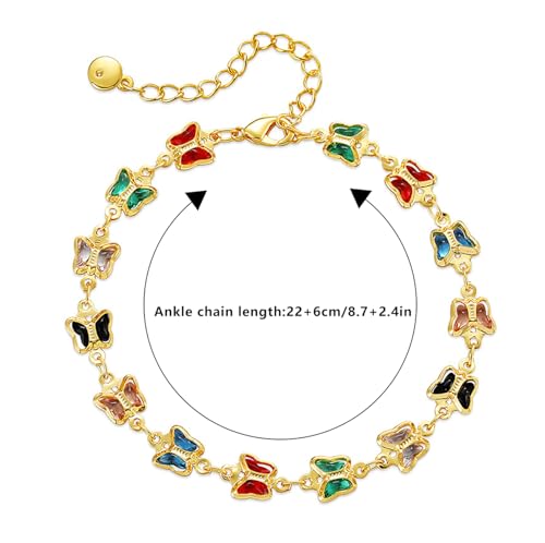 18K Gold Plated Anklet for Women Multicolor Crystal Ankle Bracelets Boho Adjustable Chain Anklets - color: Butterfly