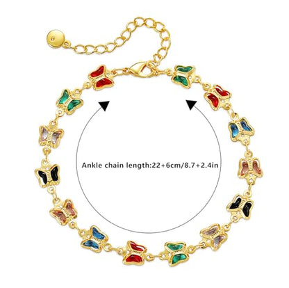 18K Gold Plated Anklet for Women Multicolor Crystal Ankle Bracelets Boho Adjustable Chain Anklets - color: Butterfly