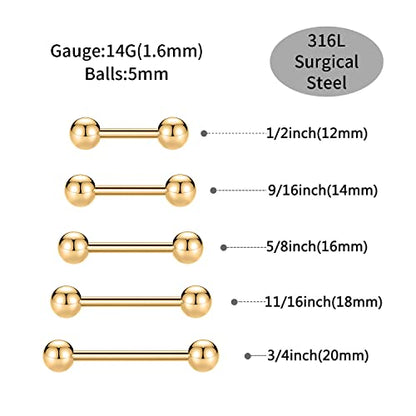 GAGABODY 5 Pairs Nipple & Tongue Rings - 14G Surgical Steel Screw Barbell - Straight, 12mm-20mm - color: Gold