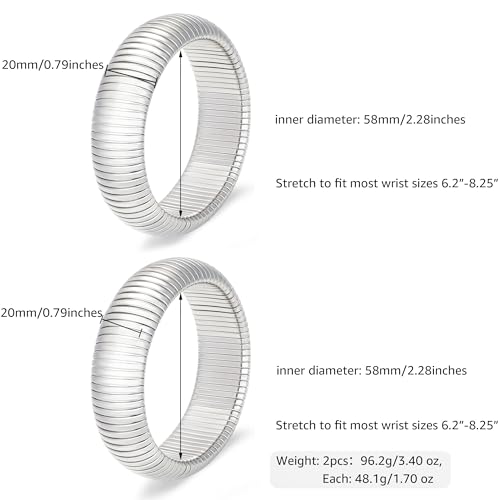 Gold Chunky Stretch Snake Chain Bangle Bracelets Stack for Women Trendy, 18K Gold Filled Stainless Steel Stretchy Womens Stackable Wristband Bangles Bracelet Set - style: SILVER 20MM 2PCS