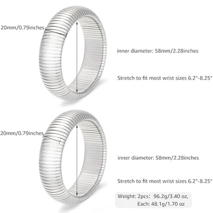 Gold Chunky Stretch Snake Chain Bangle Bracelets Stack for Women Trendy, 18K Gold Filled Stainless Steel Stretchy Womens Stackable Wristband Bangles Bracelet Set - style: SILVER 20MM 2PCS